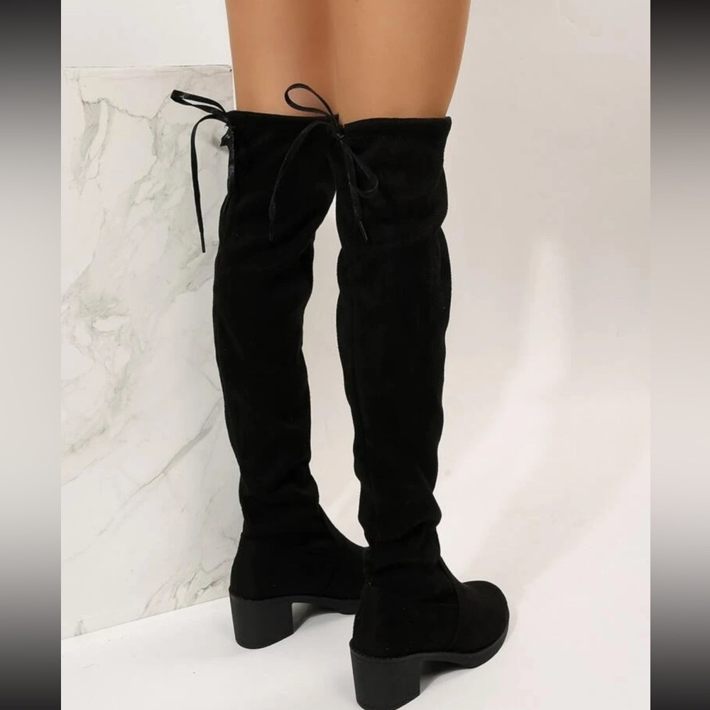 Fashion Nova Black Over-the-Knee Suede Boots with Back Tie